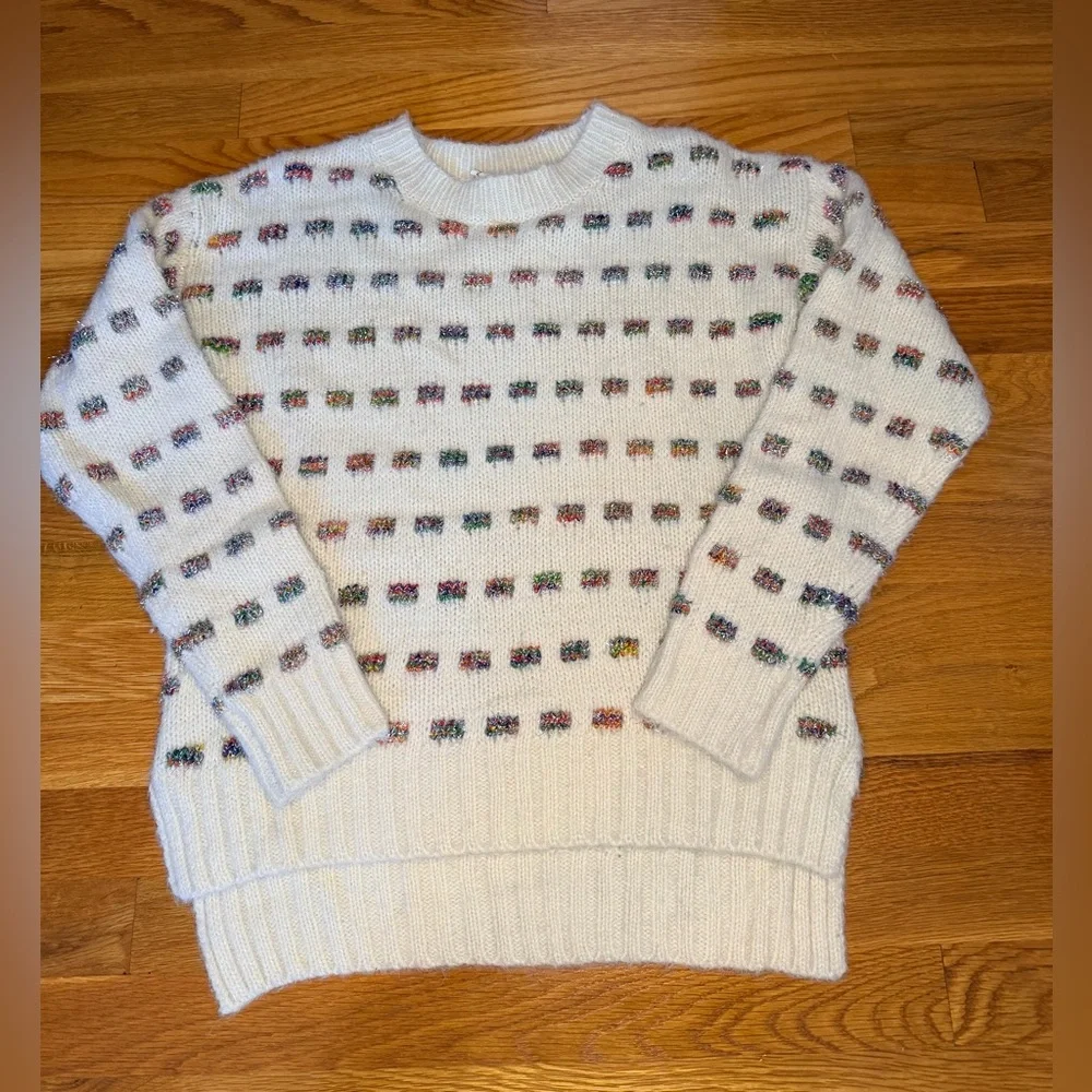 Moth Anthropologie Cream Knit Sweater Rainbow Confetti Fuzzy Cozy Pullover XS - Picture 2 of 11